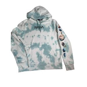 NASA Hyper Space Mens Green White Sweatshirt Hoodie Size MED Planets On Sleeve